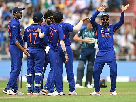 India's Virat Kohli reacts after the wicket of England's Moeen Ali during the final and 3rd ODI match against England, at Old Trafford in Manchester.