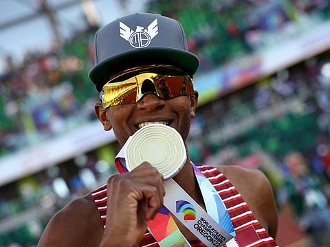 Qatar's Mutaz Essa Barshim celebrates after winning the men's high jump final at the ongoing World Championships in Eugene, Oregon on Monday.