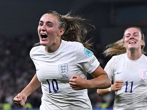England's Georgia Stanway celebrates scoring their second goal with Lauren Hemp.