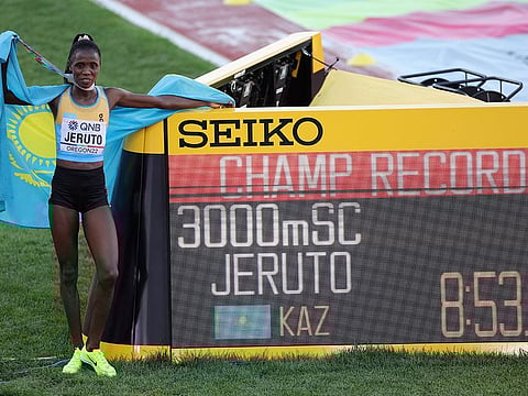 Norah Jeruto of Team Kazakhstan poses after winning the women's 3000m Steeplechase final on day six of the World Athletics Championships Oregon22 at Hayward Field on Wednesday.