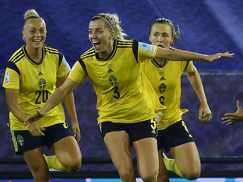 Sweden's defender Linda Sembrant (C) celebrates her goal at the end of the UEFA Women's Euro 2022 quarter final football match between Sweden and Belgium at the Leigh Sports Village Stadium, in Leigh, on July 22, 2022.