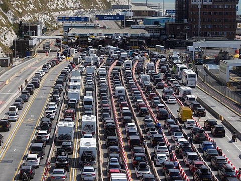 Long queues of travelers waiting to board ferries from the Port of Dover Ltd. in Dover, UK, on Friday, July 22, 2022.