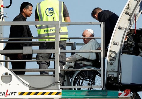 Pope Francis boards an airplane ahead of his visit to Canada at Rome Fiumicino airport in Fiumicino, Italy, July 24, 2022.