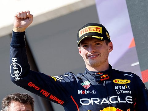 Red Bull's Max Verstappen celebrates after winning the French Grand Prix at Circuit Paul Ricard in France.