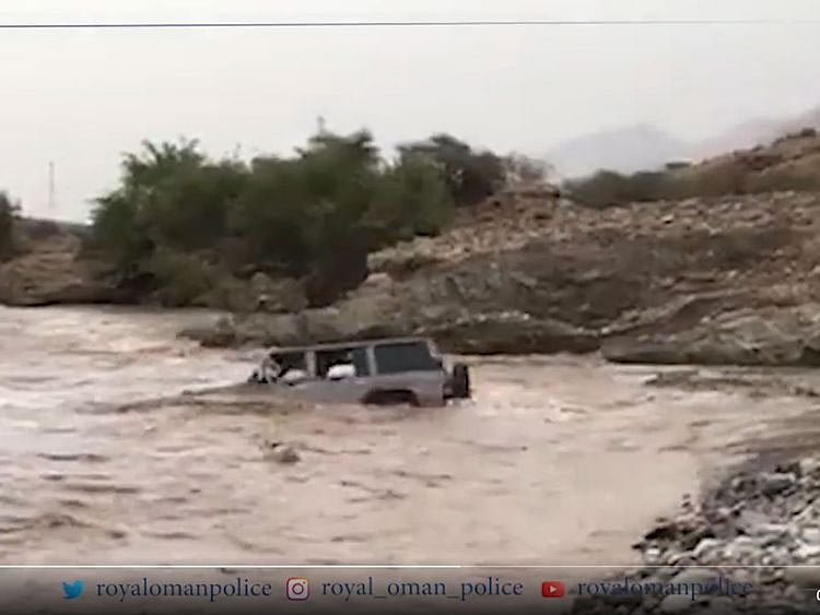 A video of the men crossing a flooded valley in their 4WD in the Wadi Bani Ghafer area in the Wilayat of Rustaq has gone viral on social media. 