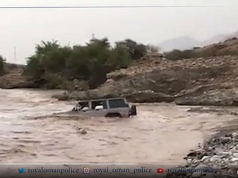 A video of the men crossing a flooded valley in their 4WD in the Wadi Bani Ghafer area in the Wilayat of Rustaq has gone viral on social media. 