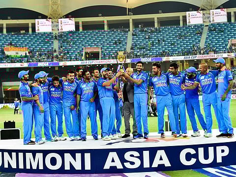 Indian team celebrate after winning the Unimoni Asia Cup 2018 final defeating Bangladesh by three wickets at Dubai International Cricket Stadium.