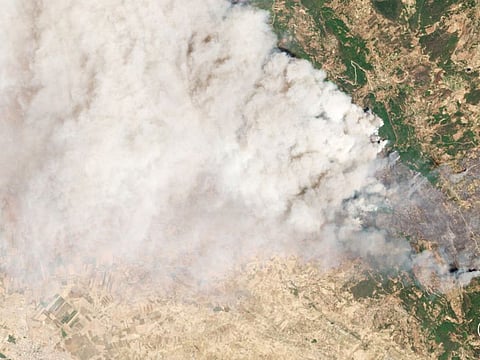 A satellite view during a wildfire in Ouazzane, Morocco in this handout image July 14, 2022.