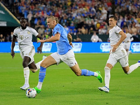 Erling Haaland of Manchester City makes a break during the pre-season friendly against Bayern Munich at Lambeau Field in Green Bay, Wisconsin, last week.