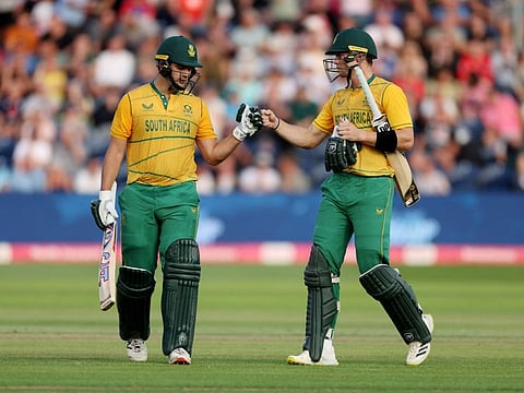 South Africa's Rilee Rossouw and Tristan Stubbs celebrate after their innings.