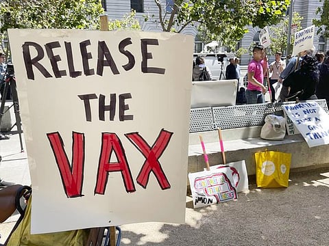 A sign urges the release of the monkeypox vaccine during a protest in San Francisco. 