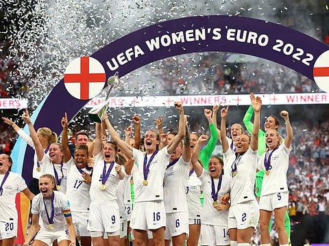 England's Ellen White lifts the trophy as she celebrates with teammates after winning the Women's Euro 2022 at Wembley Stadium, London, Britain. 