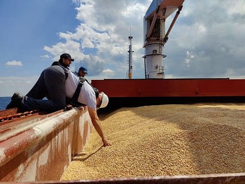 The Joint Coordination Centre officials checking the Sierra Leone-flagged cargo ship Razoni, carrying Ukrainian grain, during an inspection in the Black Sea off Kilyos, near Istanbul, Turkey, on August 3, 2022.