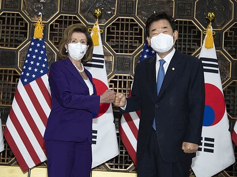 US House Speaker Nancy Pelosi, left, and South Korea National Assembly Speaker Kim Jin-pyo pose for a photograph at the National Assembly in Seoul, South Korea, on Thursday, Aug. 4, 2022.