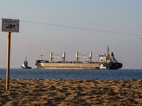 Malta-flagged bulk carrier M/V Rojen vessel, carrying tons of corn, leaves the Ukrainian port of Chornomorsk, before heading to Teesport in the United Kingdom, on August 5, 2022, amid the Russian attack of Ukraine.