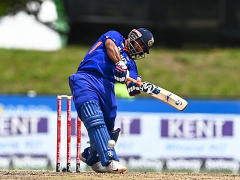 Rishabh Pant, of India, takes a shot during the fourth T20I match between West Indies and India at the Central Broward Regional Park in Lauderhill, Florida.