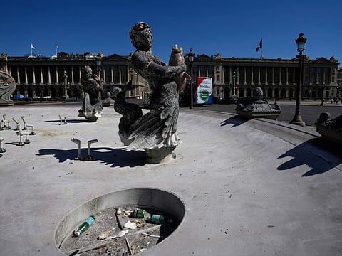 The fountains of Concorde plaza are empty in Paris, France, as Europe is under an extreme heat wave, Aug. 3, 2022.