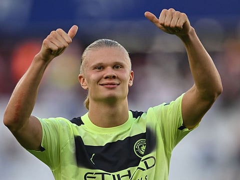 Big hit... Manchester City's Norwegian striker Erling Haaland celebrates on the pitch after the English Premier League match against West Ham United at the London Stadium, in London. 