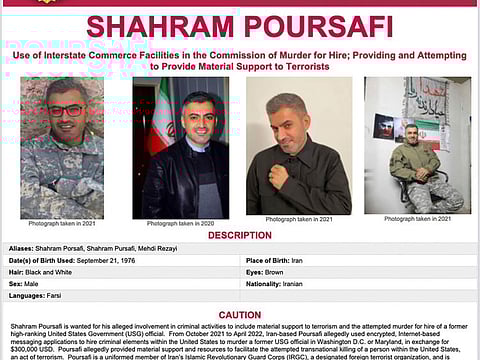 This image released by the FBI, August 10, 2022 in Washington, shows the wanted poster for Shahram Poursafi.  