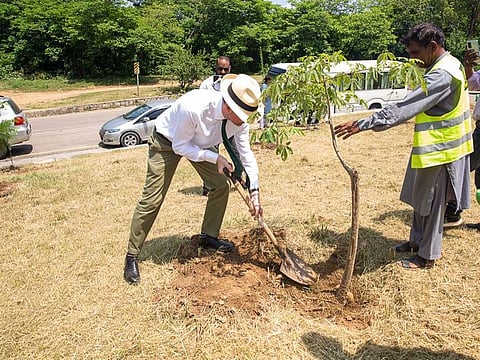 Acting British High Commissioner Andrew Dalgleish planting a sapling at Shakarparian National Park Islamabad.
