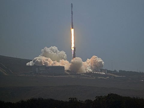 In this photo provided by the US Space Force, a SpaceX Falcon-9 rocket carrying Starlink mission 3-3 launches from Space Launch Complex-4E on Friday, August 12, 2022, at 2:40 p.m. PDT, Vandenberg Space Force Base, California. 