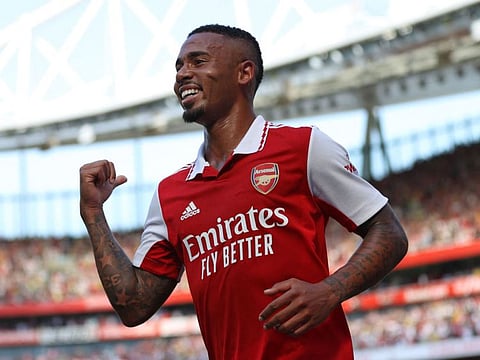 Arsenal's Brazilian striker Gabriel Jesus celebrates after scoring their second goal during the English Premier League match against Leicester City at the Emirates Stadium in London.