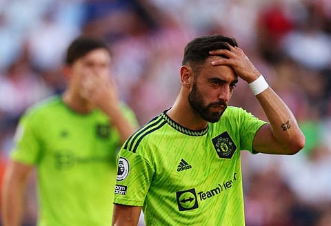 Manchester United's Bruno Fernandes reacts after the 4-0 defeat to Brentford. 