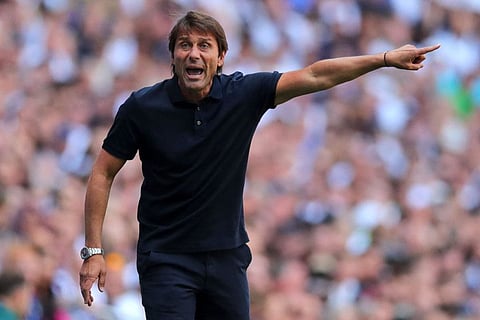 Tottenham Hotspur's Italian head coach Antonio Conte gestures on the touchline during the English Premier League match against Chelsea.