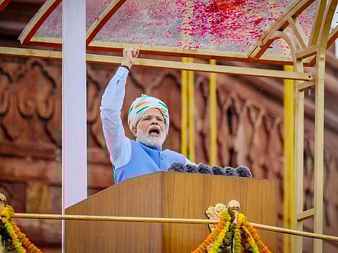 Narendra Modi, India's prime minister, speaks at the nation's Independence Day ceremony at Red Fort in New Delhi, on August 15, 2022.  