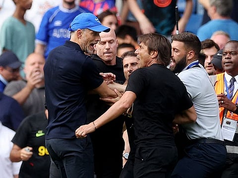 Chelsea manager Thomas Tuchel (left) clashes with Tottenham Hotspur manager Antonio Conte.