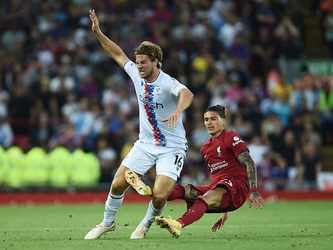 Crystal Palace's Joachim Andersen (left) in action with Liverpool's Darwin Nunez during their Premier League clash. Andersen was sent sickening death threats on social media after his role in Nunez being shown a red card.