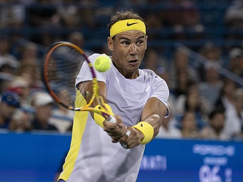 Rafael Nadal returns a shot against Borna Coric during the Western & Southern Open at the at the Lindner Family Tennis Center.