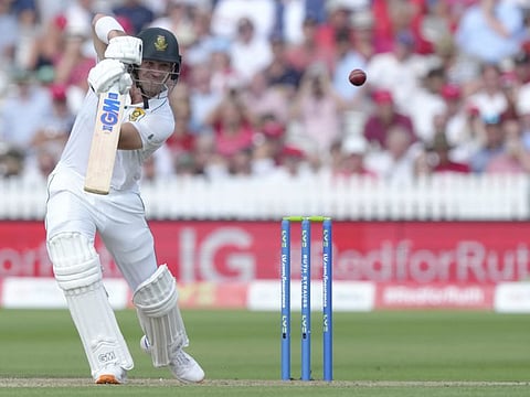 South Africa's Sarel Erwee plays a shot off the bowling of England's Stuart Broad during the second day of the first Test at Lord's on Thursday.