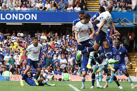 Chelsea's Marc Cucurella (bottom left) reacts after having his hair pulled by Tottenham Hotspur's Cristian Romero.