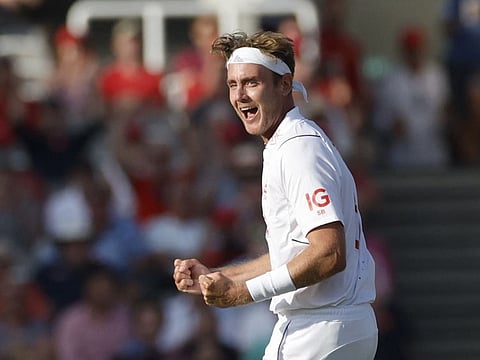 England's Stuart Broad celebrates after taking the wicket of South Africa's Kyle Verreynne. He now has 100 wickets at Lord's.