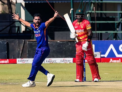 Indian bowler Deepak Chahar (left) appeals for the wicket of Zimbabwe's Innocent Kaia during the first one-day international (ODI) at the at the Harare Sports Club in Harare.