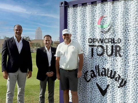 The launch of the DP World Second Hand Golf Ball initiative at the 2022 Slync.io Dubai Desert Classic in January. Left to right: Hardy Cubasch, Head of Partnership Management, DP World Tour, Danny Van Otterdijk, Chief Communications Officer, DP World and DP World player and winner of the 2001 Dubai Desert Classic, Thomas Bjorn.