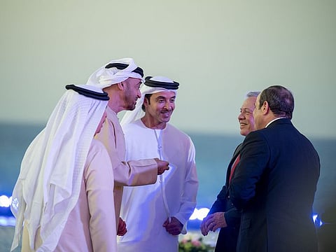 President His Highness Sheikh Mohamed bin Zayed Al Nahyan (second from left) with his Egyptian counterpart Abdel Fattah el-Sissi (extreme right), Bahrain’s King Hamad bin Eisa Al Khalifa (extreme left) and Jordan’s King Abdullah II (second from right). Also seen is Sheikh Hazza bin Zayed Al Nahyan