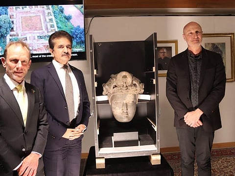 Pakistan High Commissioner to Australia Zahid Hafeez Chaudhry (second from left) with  Ian McConville, Australian Chief of Protocol and Russel Storer, head of International Art, National Gallery of Australia at the ceremony at High Commission in Canberra. 