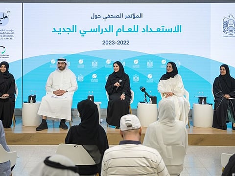 Lubna Al Shamsi, acting executive director of School Operations Sector– Abu Dhabi; Mohammed Al Qasim, acting director general of Emirates School Establishment; Sarah Al Amiri, Minister of State for Public Education and Advanced Technology and chairperson of the Board of Directors of the Emirates School Establishment; Faryal Tawakul, acting CEO of Emirates Transport; Hessa Rasheed, acting executive director of School Branch 2
