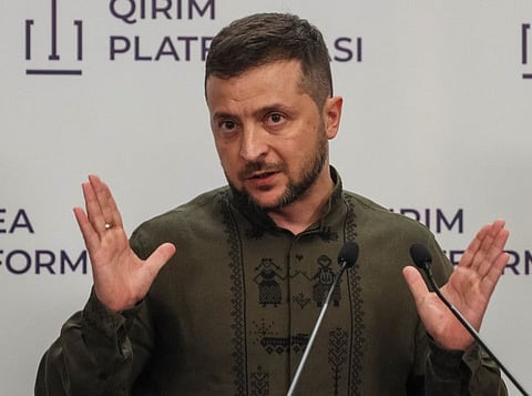 Ukraine's President Volodymyr Zelensky attends a news conference in Kyiv on August 23, 2022. 