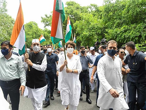 Ghulam Nabi Azad, Congress MP Rahul Gandhi, Priyanka Gandhi Vadra and other party leaders take part in the party's 'Azadi Gaurav Yatra' on 76th Independence Day, in New Delhi on Monday, August 15, 2022.
