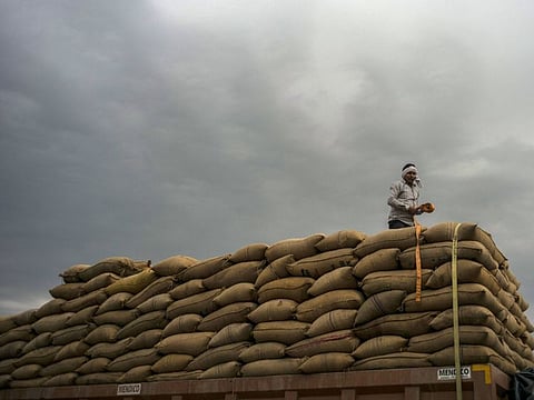 Sacks of paddy rice loaded onto a truck for transportation at a wholesale grain market in Dankaur, Uttar Pradesh, India, on Feb. 26, 2022.