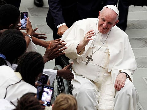 Pope Francis meets with French pilgrims during an audience at the Paul VI Hall, at the Vatican, August 26, 2022. 