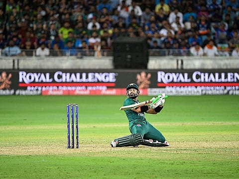 Pakistan opener Mohammad Rizwan playing a "upper-cut" to third man during his knock of 43 against India.