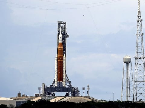 The Nasa moon rocket stands ready at the Kennedy Space Centre before it is scheduled to launch on Pad 39B for the Artemis 1 mission to orbit the moon.