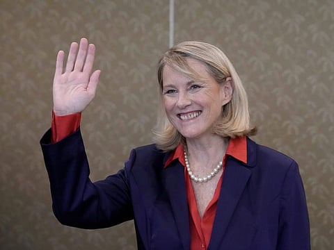 Tracy Chamoun, 61, a granddaughter of the late diplomat and Lebanese President Camille Chamoun, gestures during an announcement of her candidacy in the country's upcoming presidential election, in Beirut, Lebanon, Monday, Aug. 29, 2022.  