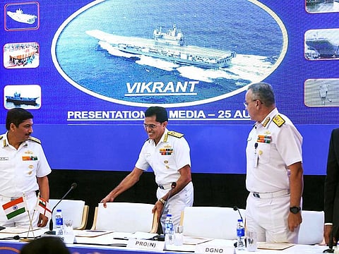 Vice-Chief of Naval Staff, Vice Admiral SN Ghormade along with other naval staff at a press conference as the Indian Navy prepares to commission the indigenously-built aircraft carrier INS Vikrant in New Delhi on Thursday, August 25, 2022.  