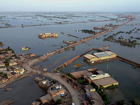 Sohbat Pur city, a district of Pakistan's southwestern Balochistan province, under water.