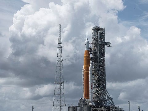 Nasa’s Space Launch System (SLS) rocket with the Orion spacecraft aboard is seen atop the mobile launcher at Launch Pad 39B, Tuesday, Aug. 30, 2022, at Nasa’s Kennedy Space Centre in Cape Canaveral, Florida.